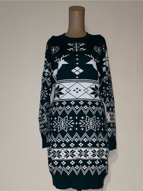 Dark Green and White Fair Isle Reindeer Sweater Dress-winter -holiday